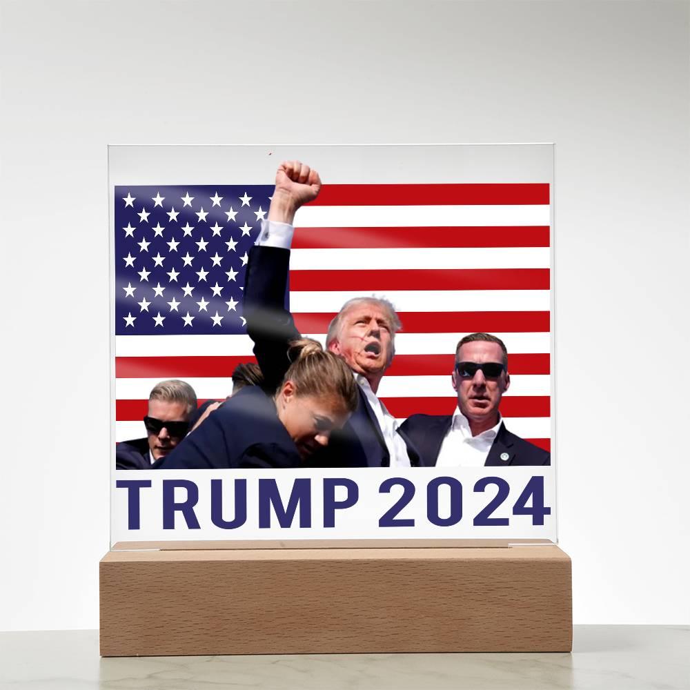 Trump 2024 Butler Rally Acrylic Plaque with LED Lighted Wooden Base - Mallard Moon Gift Shop