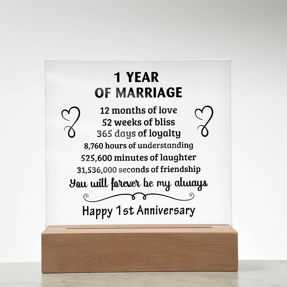 Anniversary Gift - One Year Of Marriage Acrylic Square Plaque with LED Wooden Base - Mallard Moon Gift Shop