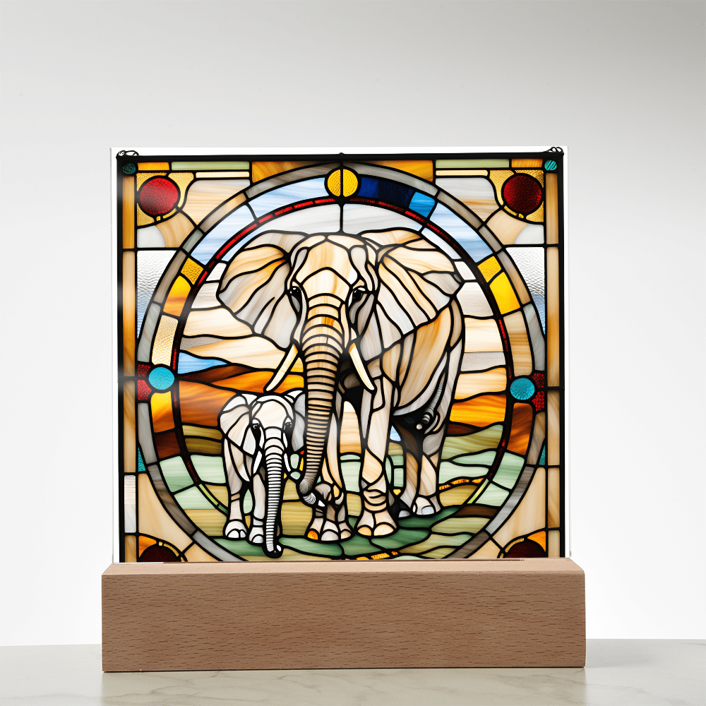 Elephant Mother and Baby Calf - Stained Glass Style LED Acrylic Plaque – A Symbol of Strength, Love, and Family - Mallard Moon Gift Shop
