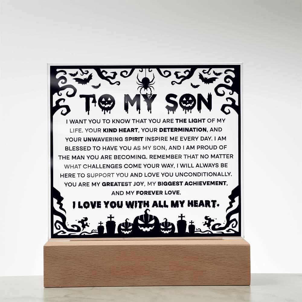 Son - Proudest Achievement - Halloween Acrylic Square Plaque with LED Wooden Base - Mallard Moon Gift Shop