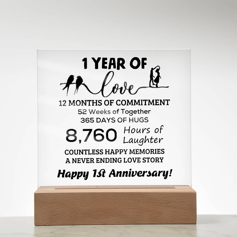 Anniversary Gift One Year of Love, Countless Happy Memories Acrylic Square Plaque with LED Wooden Base - Mallard Moon Gift Shop