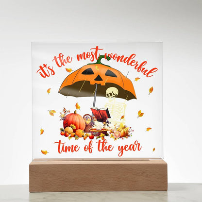 Halloween Decor - Most Wonderful Time of The Year Acrylic Square Plaque with LED Wooden Base - Mallard Moon Gift Shop
