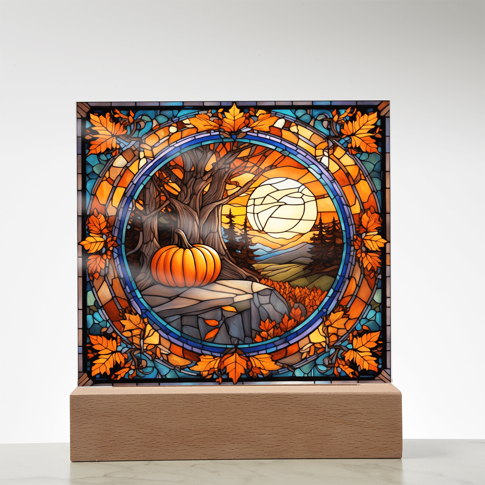Stained Glass Autumn Pumpkin Sunset Acrylic Plaque – Fall Harvest Home Decor with LED Light Base | Thanksgiving Window Art Accent
