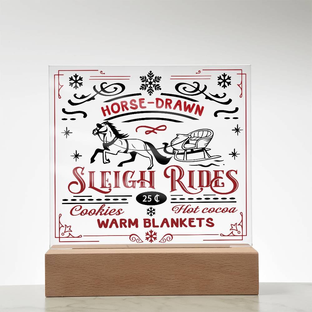 Christmas Horse Drawn Sleigh Rides Acrylic Square Plaque with LED Wooden Base - Mallard Moon Gift Shop