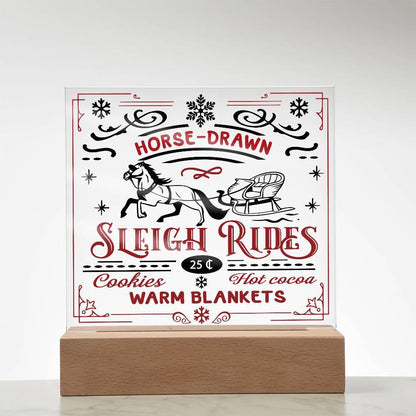 Christmas Horse Drawn Sleigh Rides Acrylic Square Plaque with LED Wooden Base - Mallard Moon Gift Shop