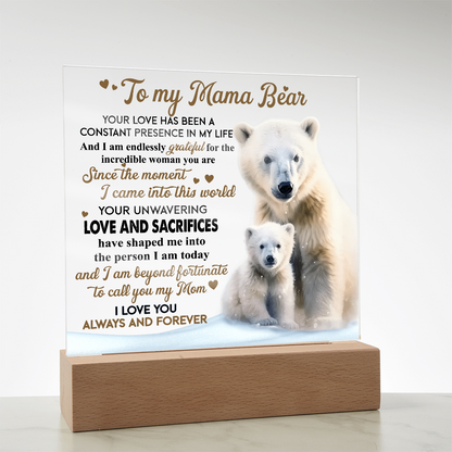 To My Mama Bear Acrylic Plaque – Polar Bear LED Light Gift | Heartfelt “Always and Forever” Keepsake for Mom