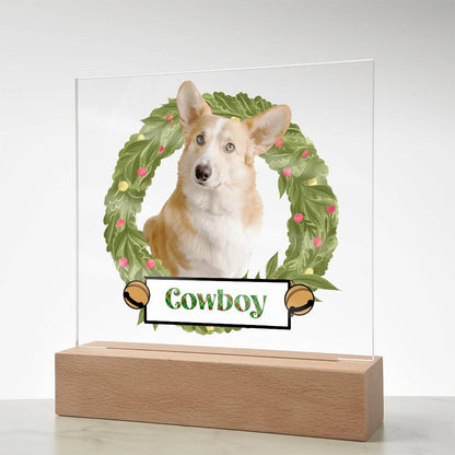 Pet Personalized Holiday Wreath Photo Upload Keepsake Acrylic Plaque with Lighted LED Wooden Base - Mallard Moon Gift Shop