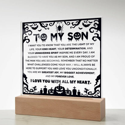 Son - Proudest Achievement - Halloween Acrylic Square Plaque with LED Wooden Base - Mallard Moon Gift Shop