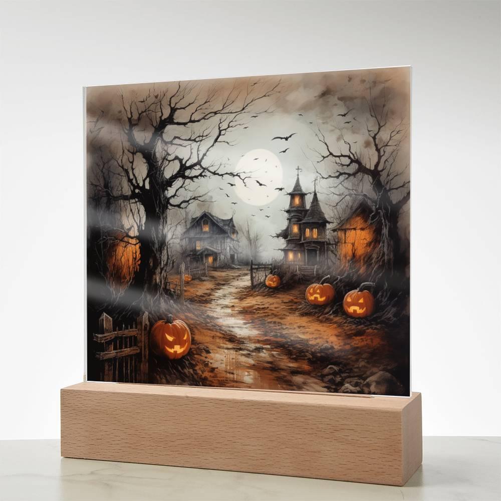 Shadowy Stronghold: Unique Mansion Halloween Acrylic Lighted Plaque - Mallard Moon Gift Shop