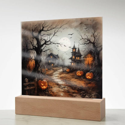 Shadowy Stronghold: Unique Mansion Halloween Acrylic Lighted Plaque - Mallard Moon Gift Shop