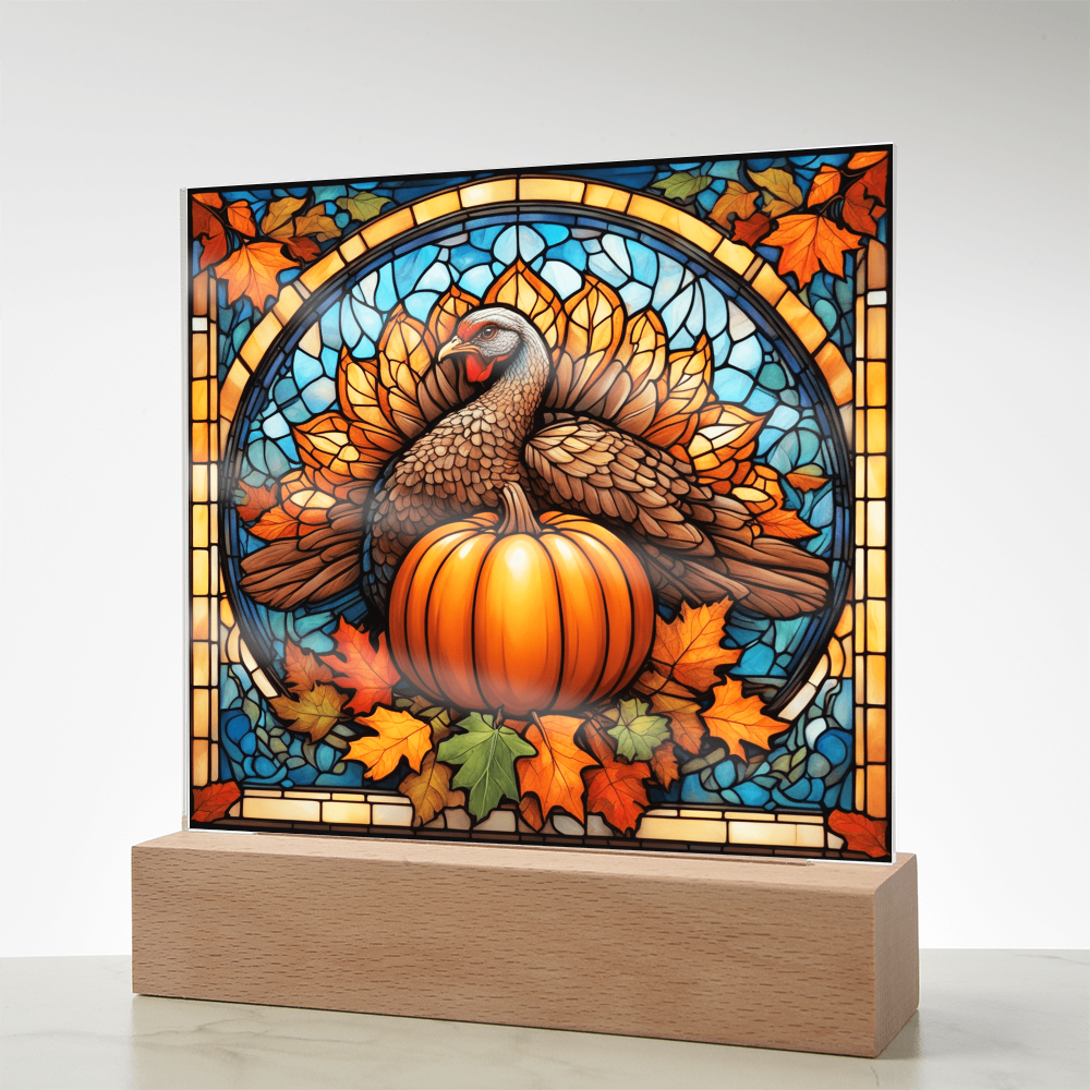 Thanksgiving Stained Glass Turkey Acrylic Plaque – Elegant Fall Home Decor with LED Light Base | Autumn Window Art Inspired Gift