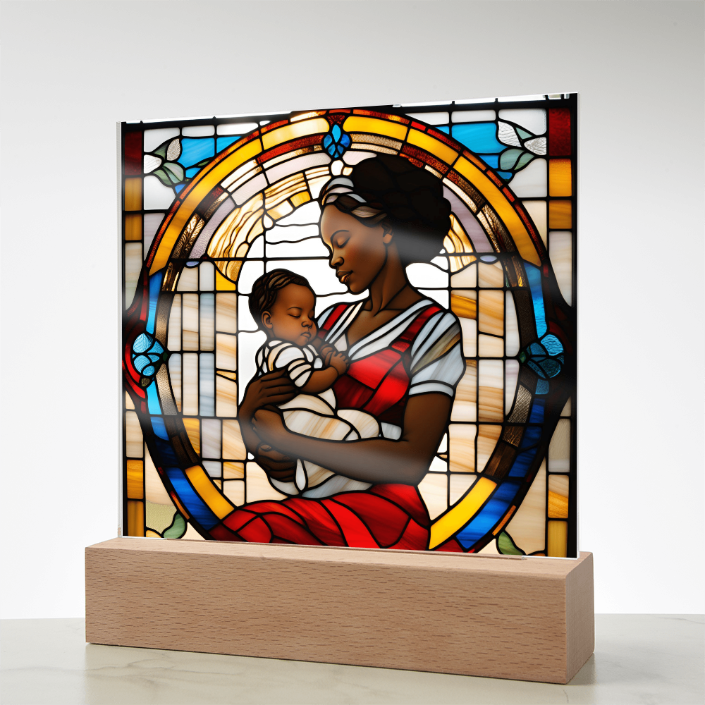 Black Mother and Baby Stained Glass Style LED Acrylic Plaque – A Powerful Tribute for New Moms and Mother's Day - Mallard Moon Gift Shop