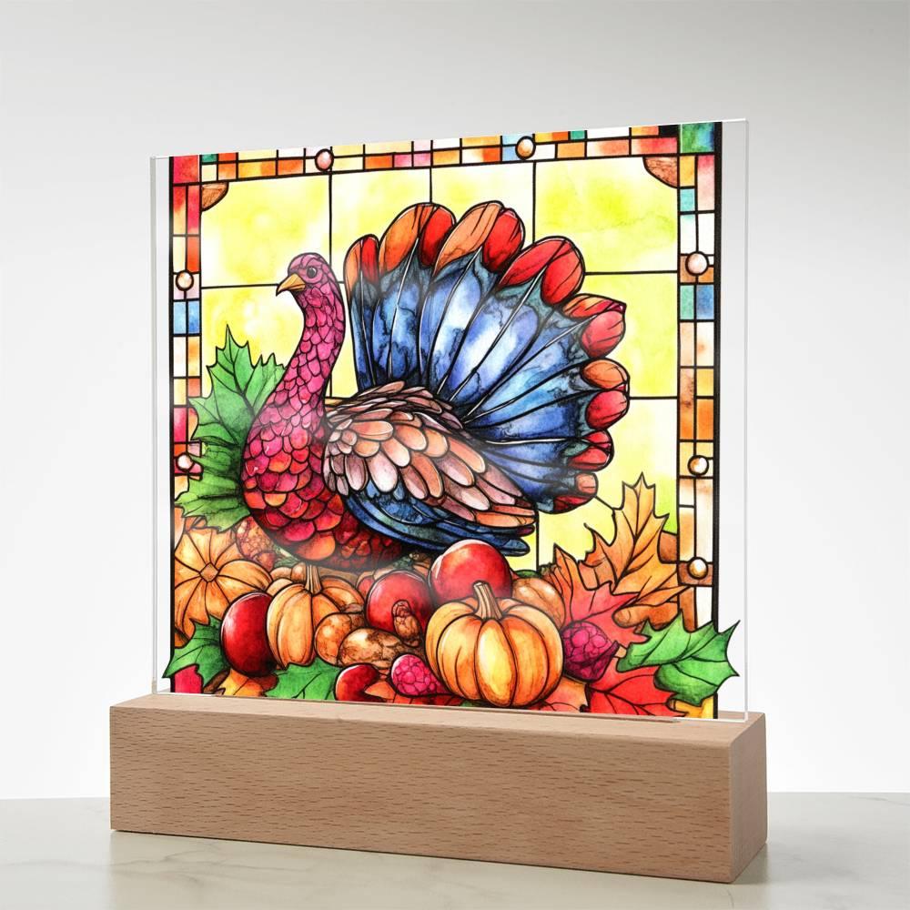 Thanksgiving Turkey Stained-glass Acrylic Square LED Lighted Wooden Base - Mallard Moon Gift Shop