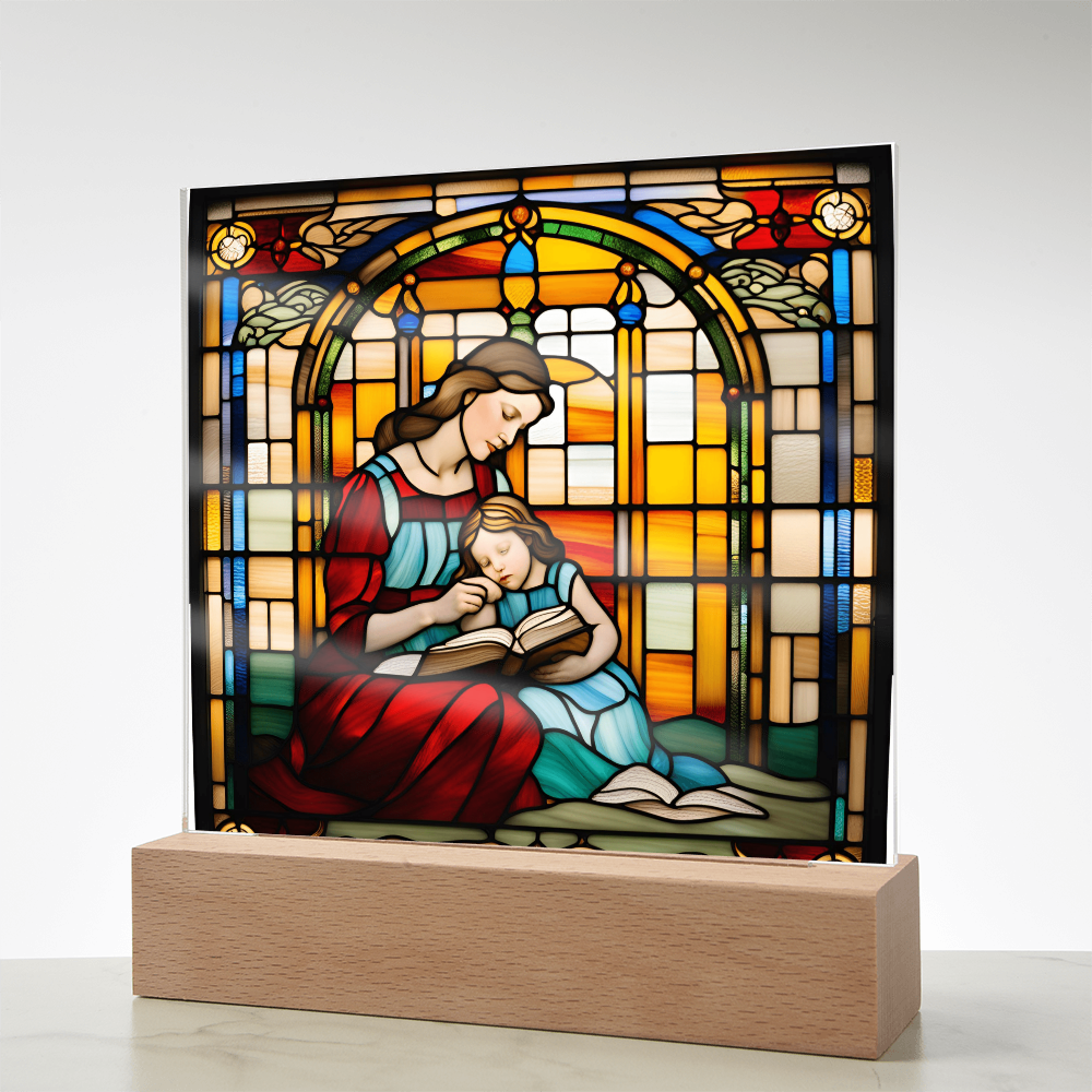 Mother and Child Reading Together Stained-Glass Style LED Acrylic Plaque – A Heartfelt Gift for Moms and Book-Loving Families - Mallard Moon Gift Shop