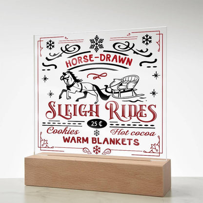 Christmas Horse Drawn Sleigh Rides Acrylic Square Plaque with LED Wooden Base - Mallard Moon Gift Shop