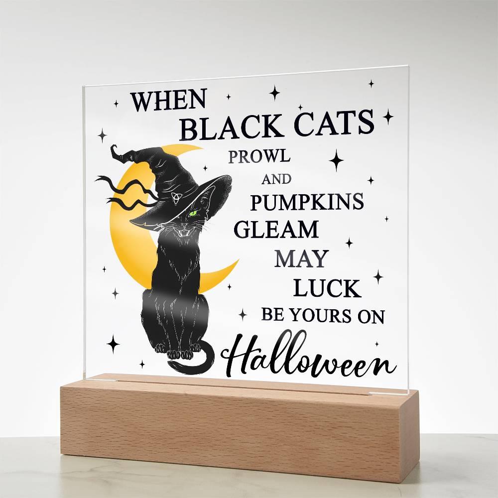 Halloween Decor - Black Cats and Pumpkins Gleam Acrylic Square Plaque with LED Wooden Base - Mallard Moon Gift Shop