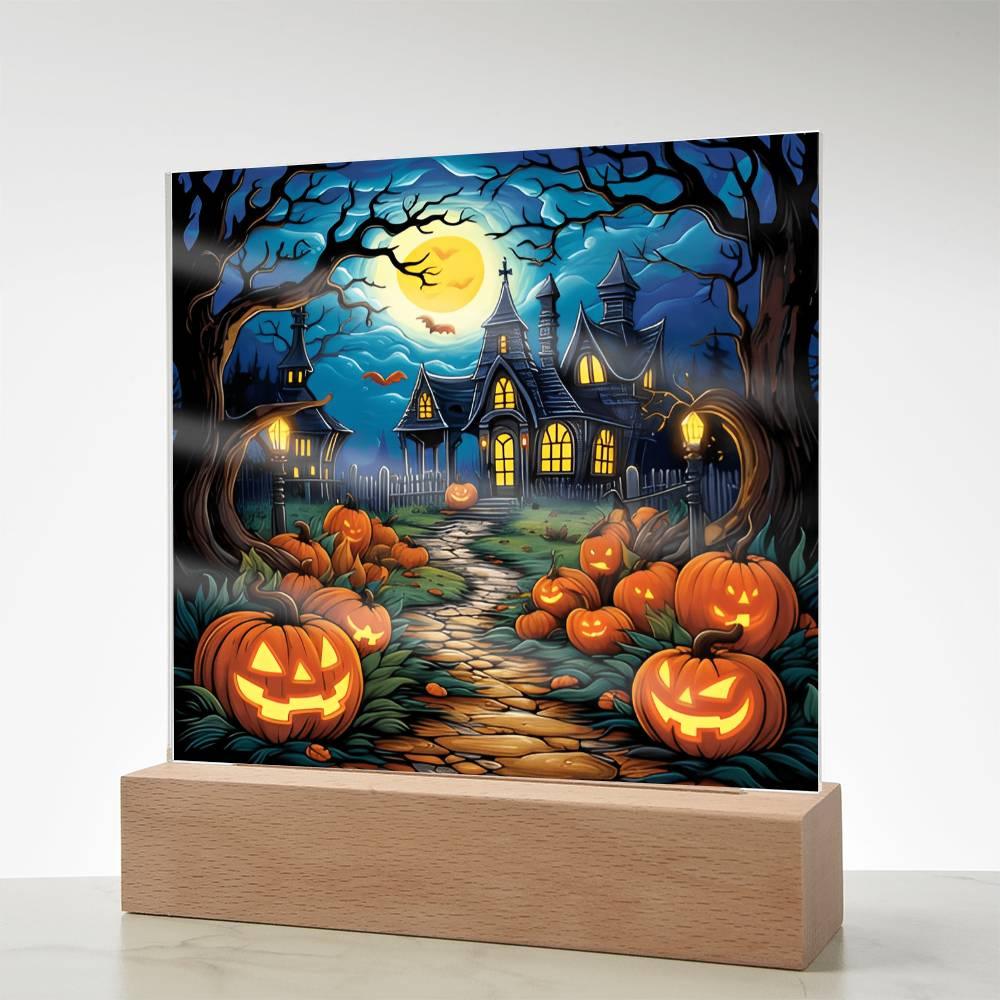 Halloween Decor Haunted Mansion Acrylic Square Plaque with LED Wooden Base - Mallard Moon Gift Shop