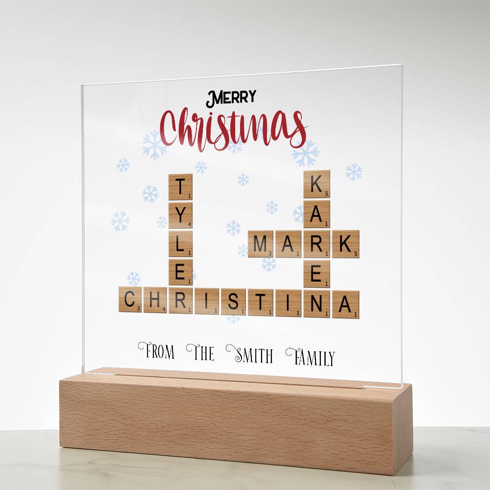 Personalized Crossword Puzzle Merry Christmas Acrylic Plaque with Lighted LED Wooden Base - Mallard Moon Gift Shop