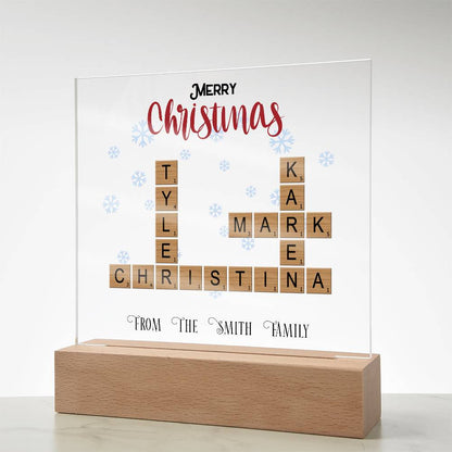 Personalized Crossword Puzzle Merry Christmas Acrylic Plaque with Lighted LED Wooden Base - Mallard Moon Gift Shop