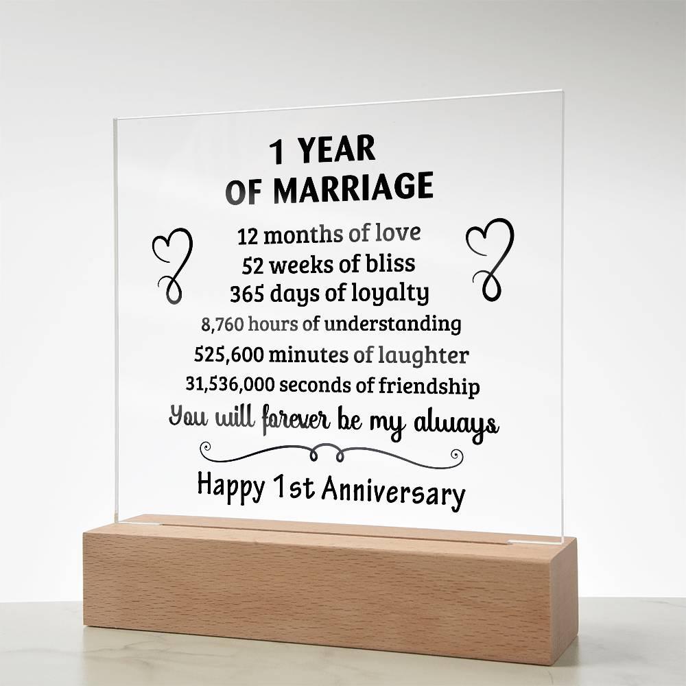 Anniversary Gift - One Year Of Marriage Acrylic Square Plaque with LED Wooden Base - Mallard Moon Gift Shop