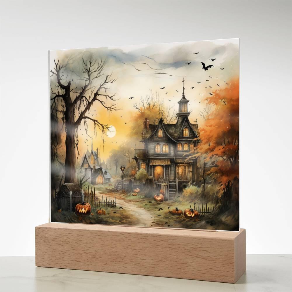 Spectral Spire: Spooky Halloween Mansion Acrylic Square Plaque with LED Lighted Wooden Base - Mallard Moon Gift Shop