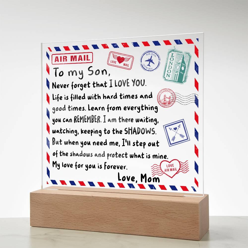 Letter To My Son, Love, Mom Acrylic Square Plaque with LED Wooden Base - Mallard Moon Gift Shop