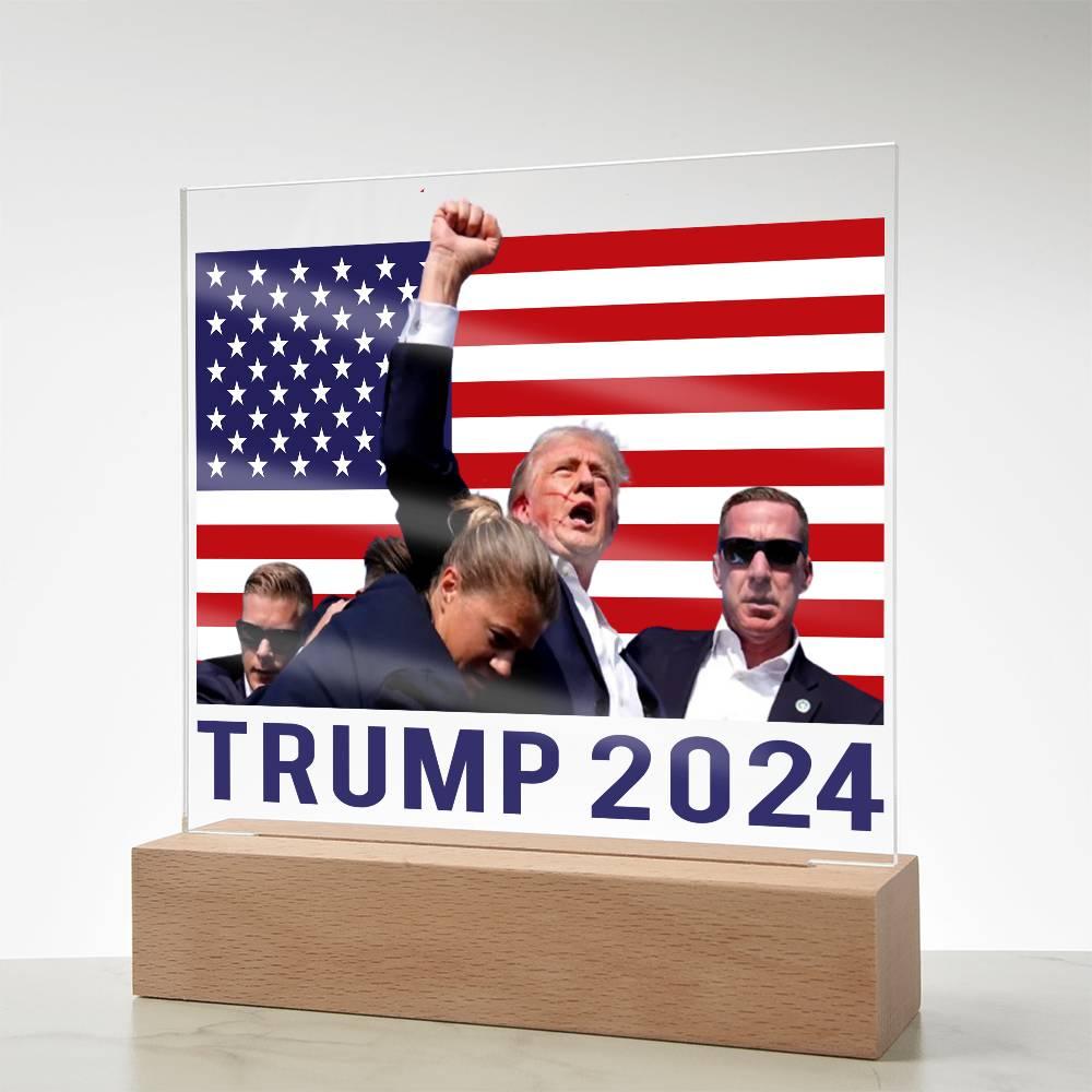 Trump 2024 Butler Rally Acrylic Plaque with LED Lighted Wooden Base - Mallard Moon Gift Shop