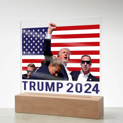 Trump 2024 Butler Rally Acrylic Plaque with LED Lighted Wooden Base - Mallard Moon Gift Shop