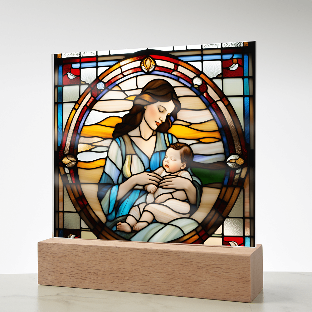 Brunette Mother and Baby - Stained Glass Style LED Acrylic Plaque – A Cherished Gift for Mother's Day or New Moms - Mallard Moon Gift Shop