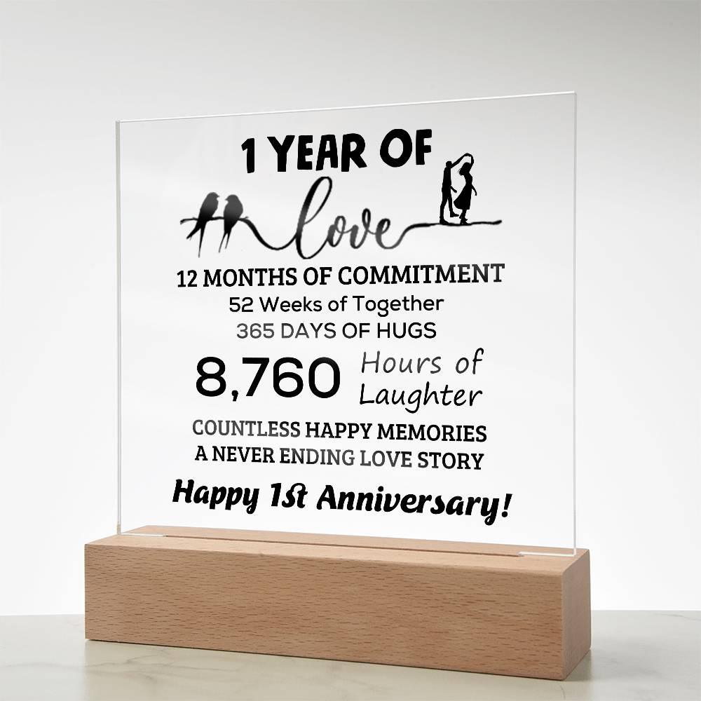 Anniversary Gift One Year of Love, Countless Happy Memories Acrylic Square Plaque with LED Wooden Base - Mallard Moon Gift Shop