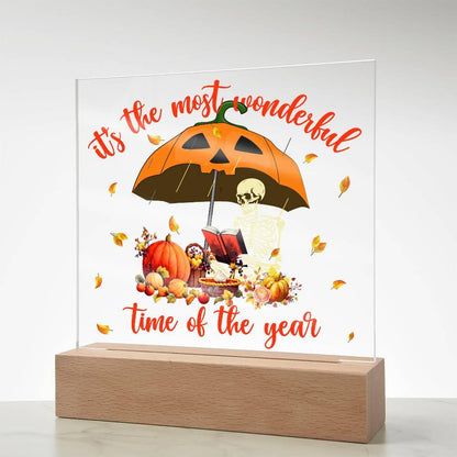 Halloween Decor - Most Wonderful Time of The Year Acrylic Square Plaque with LED Wooden Base - Mallard Moon Gift Shop