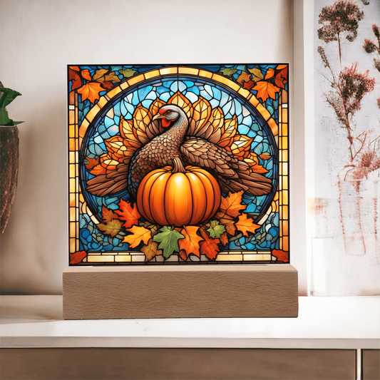 Thanksgiving Stained Glass Turkey Acrylic Plaque – Elegant Fall Home Decor with LED Light Base | Autumn Window Art Inspired Gift