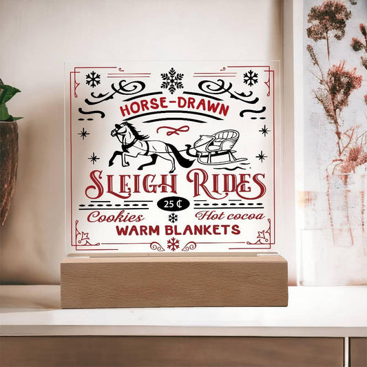 Christmas Horse Drawn Sleigh Rides Acrylic Square Plaque with LED Wooden Base - Mallard Moon Gift Shop