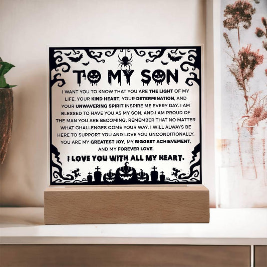 Son - Proudest Achievement - Halloween Acrylic Square Plaque with LED Wooden Base - Mallard Moon Gift Shop
