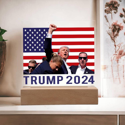 Trump 2024 Butler Rally Acrylic Plaque with LED Lighted Wooden Base - Mallard Moon Gift Shop