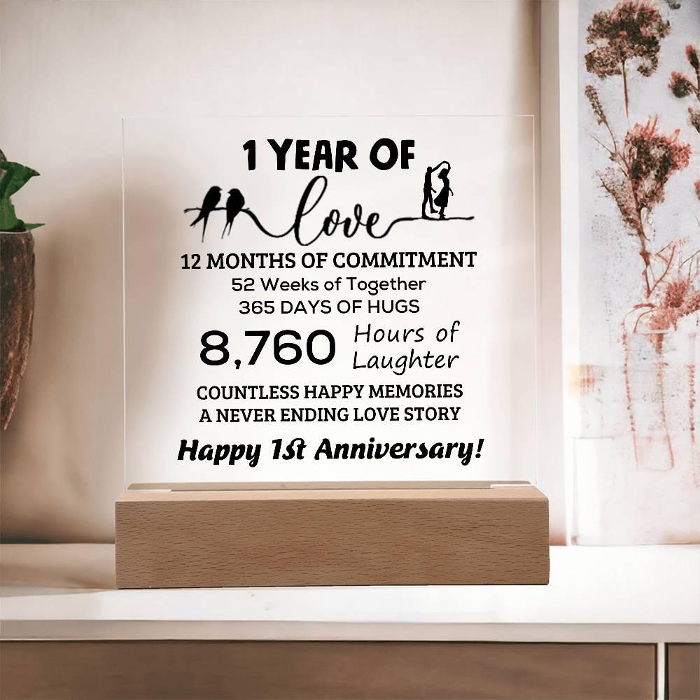 Anniversary Gift One Year of Love, Countless Happy Memories Acrylic Square Plaque with LED Wooden Base - Mallard Moon Gift Shop