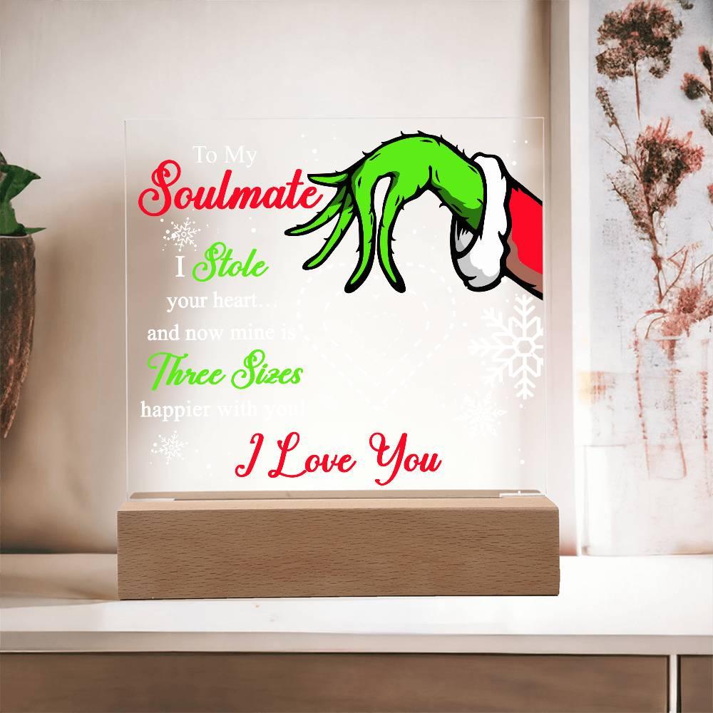 Soulmate Gift - Stole My Heart - Christmas Acrylic Plaque with Lighted LED wooden Base - Mallard Moon Gift Shop
