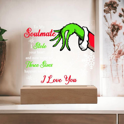 Soulmate Gift - Stole My Heart - Christmas Acrylic Plaque with Lighted LED wooden Base - Mallard Moon Gift Shop