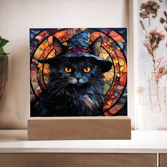 Halloween Decor - Spooky Black Cat Acrylic Square Plaque with LED Wooden Base - Mallard Moon Gift Shop