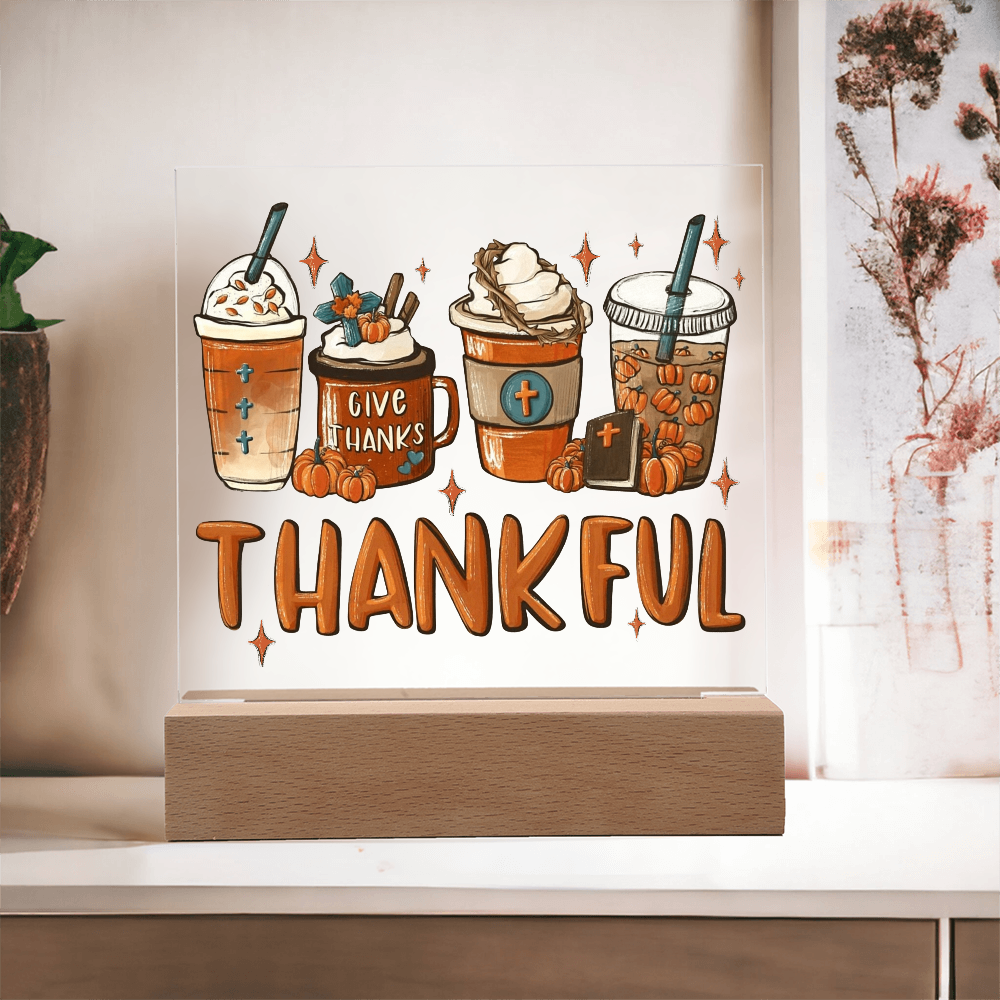Thankful Coffee Acrylic Plaque – Cozy Fall Décor Gift for Coffee Lovers | “Give Thanks” Autumn LED Light Display