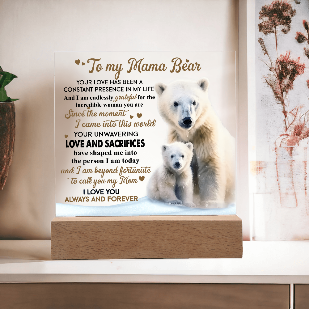To My Mama Bear Acrylic Plaque – Polar Bear LED Light Gift | Heartfelt “Always and Forever” Keepsake for Mom