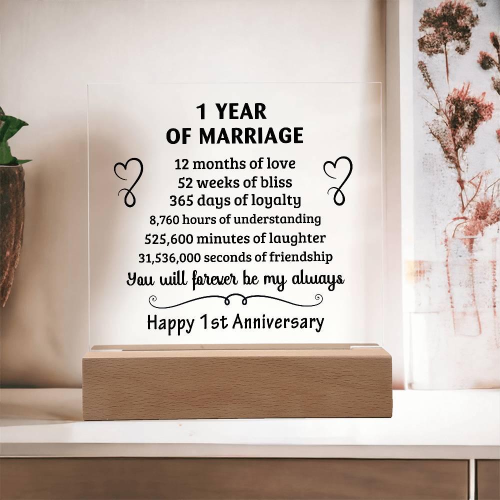 Anniversary Gift - One Year Of Marriage Acrylic Square Plaque with LED Wooden Base - Mallard Moon Gift Shop