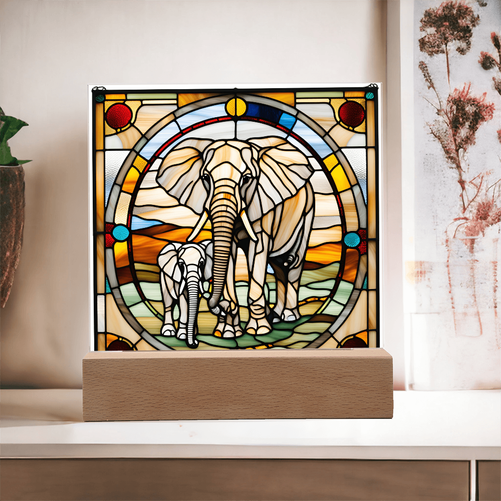Elephant Mother and Baby Calf - Stained Glass Style LED Acrylic Plaque – A Symbol of Strength, Love, and Family - Mallard Moon Gift Shop