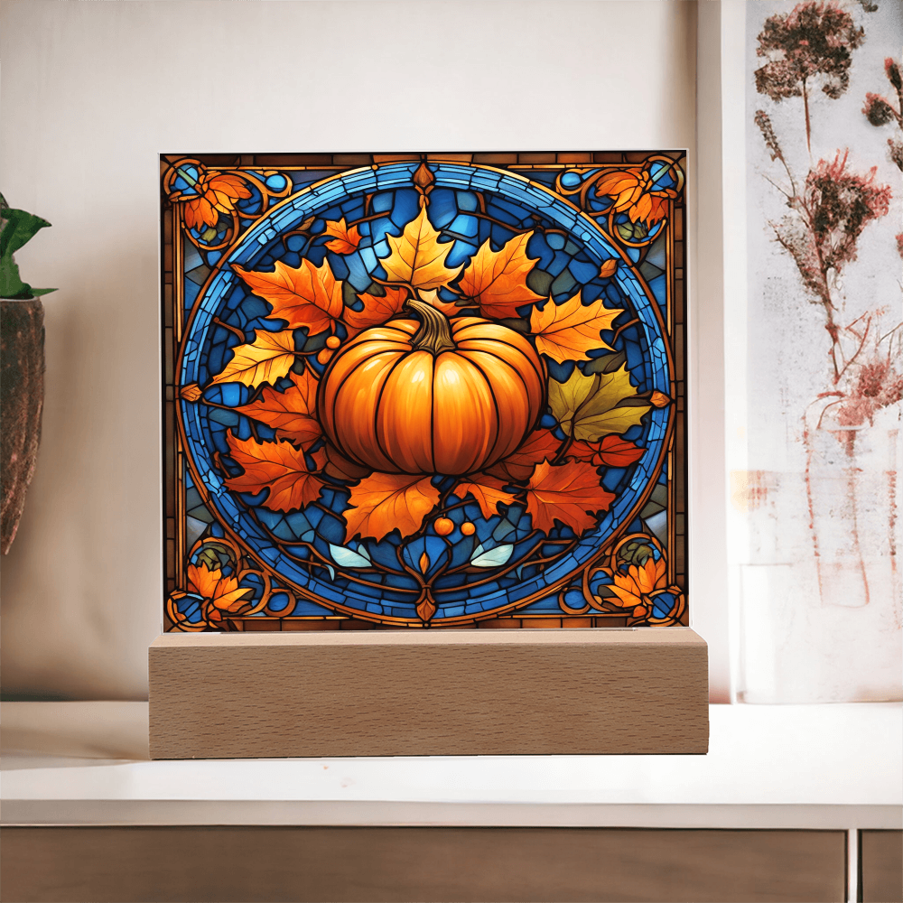 Stained Glass Pumpkin Acrylic Plaque – Elegant Thanksgiving Home Décor | Fall Harvest LED Light Display