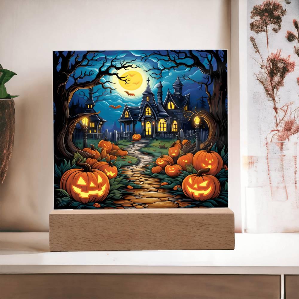 Halloween Decor Haunted Mansion Acrylic Square Plaque with LED Wooden Base - Mallard Moon Gift Shop