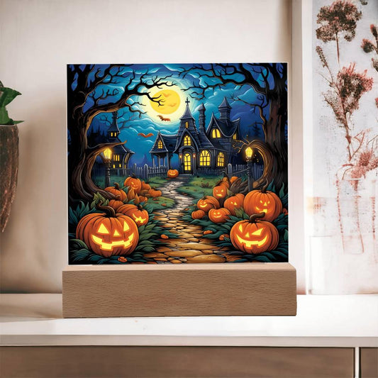 Halloween Decor Haunted Mansion Acrylic Square Plaque with LED Wooden Base - Mallard Moon Gift Shop