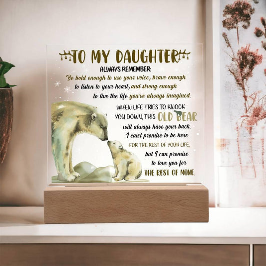 Daughter - This Old Bear Acrylic Square Plaque with LED Wooden Base - Mallard Moon Gift Shop
