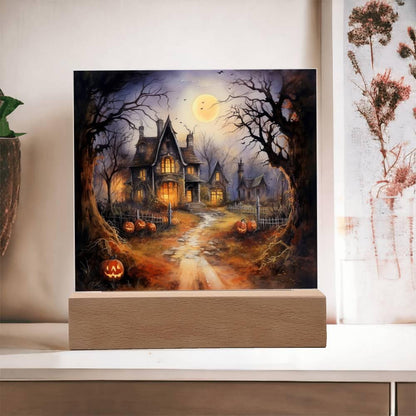 Ghostly Manor: Halloween Acrylic Square Plaque with LED Lighted Wooden Base - Mallard Moon Gift Shop