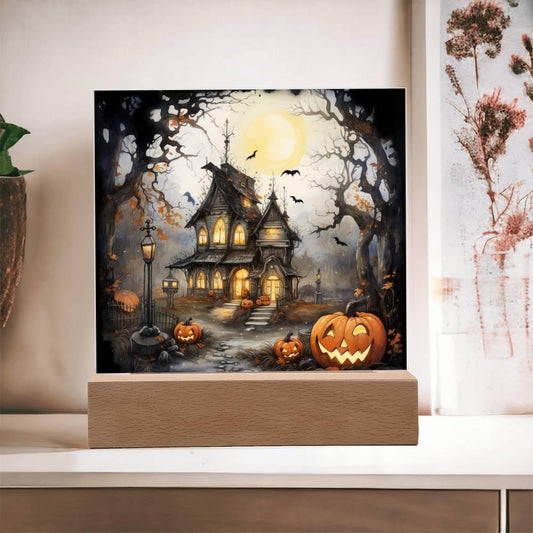 Chilling Manor: Haunted Halloween Mansion Acrylic Square Plaque with LED Lighted Wooden Base - Mallard Moon Gift Shop