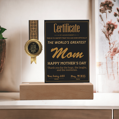 World's Greatest Mom Certificate LED Acrylic Plaque – Personalized Best Mom Award 2025 Mother's Day Gift - Mallard Moon Gift Shop